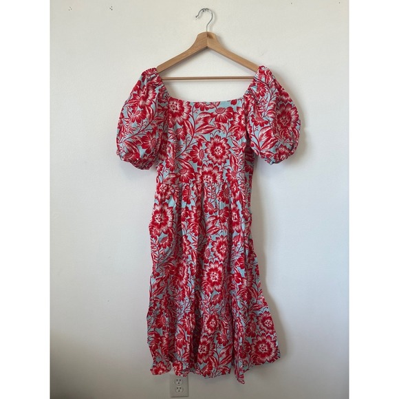 Falling Flowers Women's Square Neck Puff Sleeve Tiered Midi Dress Size Large NWT - Picture 2 of 7